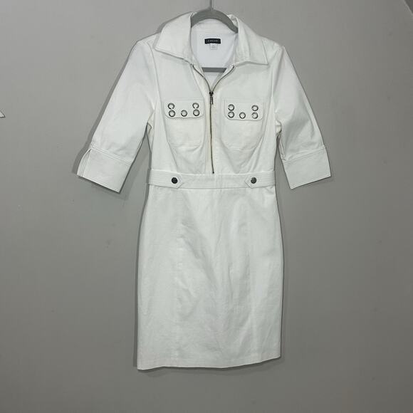 Vintage Cache White Dress Midi Career Size XS Office Business Casual Ponte Knit - Picture 3 of 11